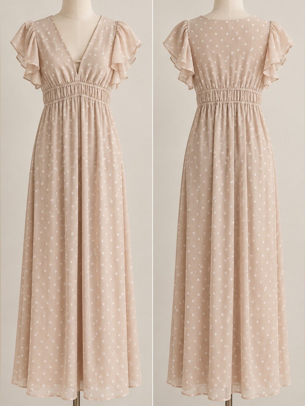 NWT A New Day XS Beige Polka Dot Flutter Sleeve Maxi Dress Coquette